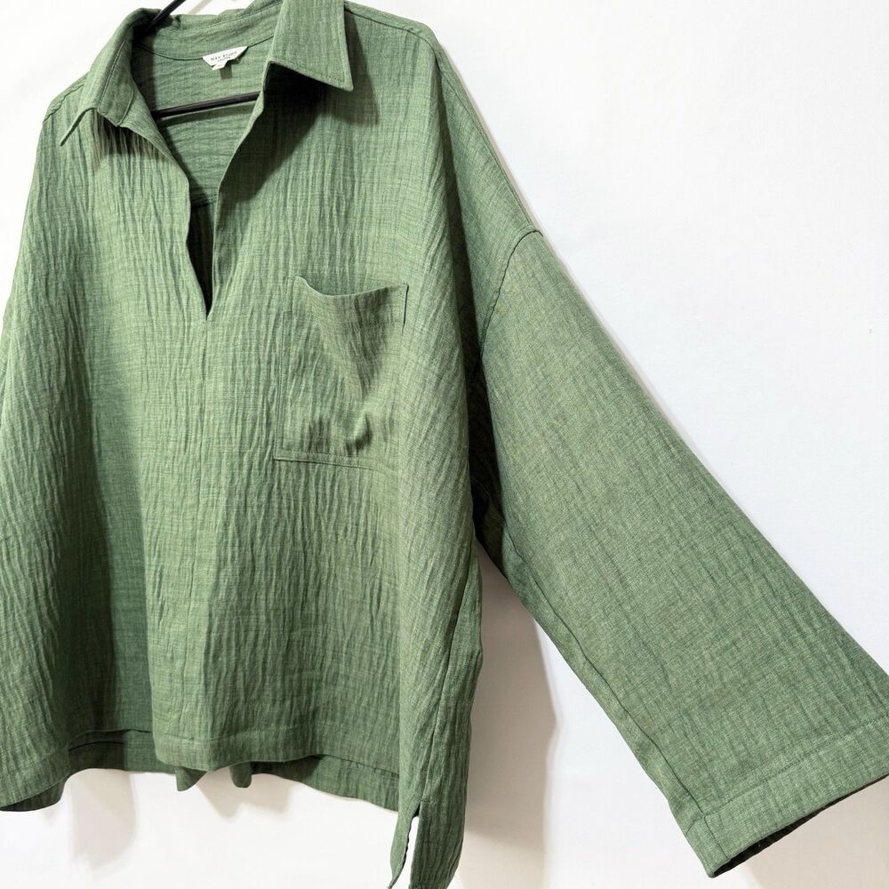Max Studio London 3X Green Blouse Collared Roll Tab Sleeve Oversized Top - Picture 3 of 10